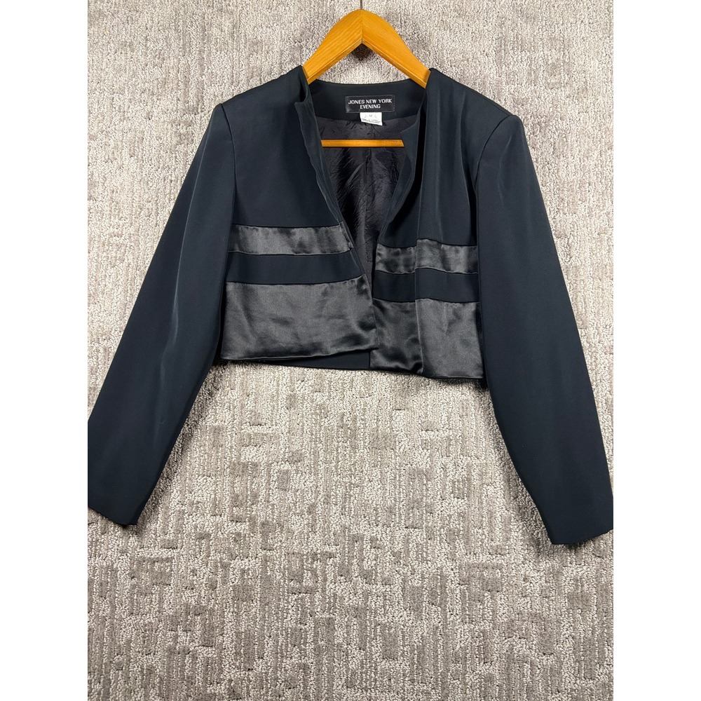 Jones New York Evening Jacket 12 Black Satin Banded Cropped Bolero Formal